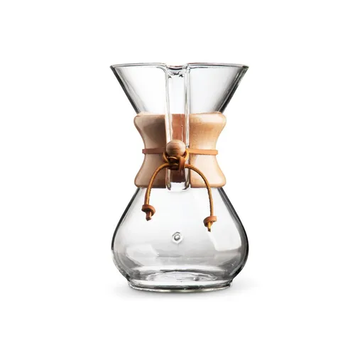 Chemex Kaffeekaraffe 6 Tassen - Elegante Kaffeekaraffe aus hitzebeständigem Borosilikatglas, ideal für 6 Tassen. Das einzigartige Design sorgt für intensiven Kaffeegeschmack und einfache Handhabung dank wärme-isolierendem Holzgriff.