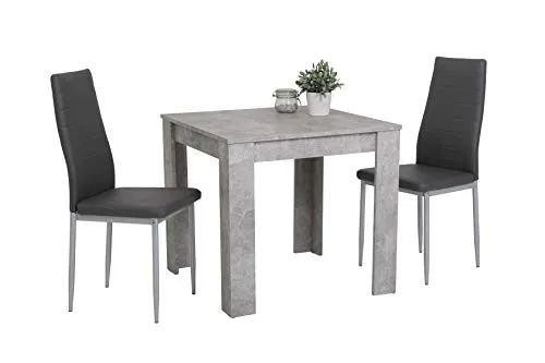 3tlg. Essgruppe Duo - quadratischer Tisch in Betonoptik 80x80cm mit 2 Kunstlederstühlen - Moderne 3tlg. Essgruppe in Betonoptik: quadratischer Tisch (80x80cm) und 2 bequeme Stühle mit Kunstlederbezug. Ideal für stilvolle Essbereiche, einfach aufzubauen und pflegeleicht.