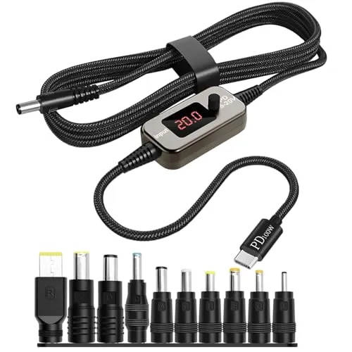 Hoembpn 100W USB-C PD zu DC Adapterkabel 5A (5V/9V/12V/15V/20V Einstellbar) mit 5.5×2.1mm Stecker + 10 DC-Adaptern, für Laptop, Router, Monitor, Kamera (1M Nylon-Kabel)