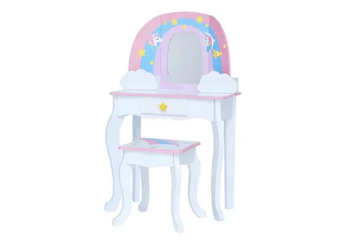 Teamson Kids Little Dreamer Regenbogen Schminktisch mit Spiegel und Stauraum - Bunter Schminktisch für Kinder mit integriertem Stauraum, unzerbrechlichem Spiegel und passendem Hocker. Fördert kreatives Rollenspiel und bietet viel Platz für Schmuck und Accessoires.