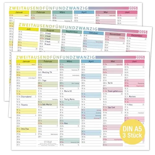 TOBJA Tafelkalender 2025 A5 - kleiner Kalender 2025 "Bunt" | 3x Wandkalender, Jahreskalender 2025 DIN A5 als Jahresplaner | Blattkalender 12 Monate auf Vorder- und Rückseite