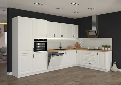 Landhaus Küche Stilo Weiß 350x210cm - Stilvolle Küchenzeile für Ihr Zuhause - Küchenzeilen im modernen Landhausstil, bietet viel Stauraum und praktische Lösungen für Ihre Küchenutensilien.