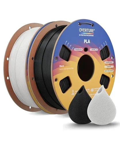 OVERTURE PLA Filament 1.75mm Verbessert, Rapid 3D Drucker PLA Filament Hohe Geschwindigkeit 2kg Spule (4.4lbs), Maßgenauigkeit ± 0.02mm für die Meisten FDM 3D Drucker (Schwarz 1kg+Weiß 1kg)