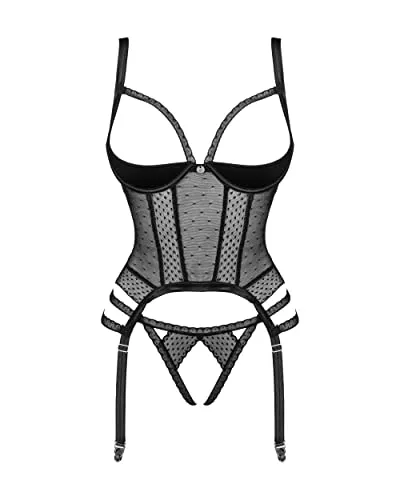 Obsessive - Korsett Lanelia I Offene Cups & Tanga, verstellbare Träger und durchsichtiges Mesh für perfekten Sitz