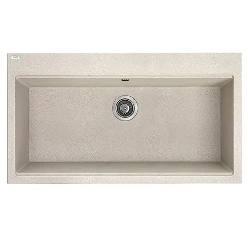 KOLMAN Granitspüle Tau - Beige Einzelbecken 50x90 cm - Becken mit Space Saving Siphon, ideal für große Töpfe und Backbleche. Widerstandsfähig gegen Temperaturschock und Kratzer, inklusive 10 Jahre Herstellergarantie.