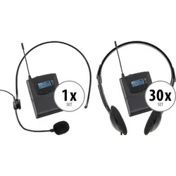 Pronomic Silent Guide V2 Museum Set - Praktisches Set mit 30 Empfängern und einem tragbaren Sender, ideal für Ausstellungen und Veranstaltungen. Genießen Sie klare Audioübertragung bis 50 m Reichweite und 24 Stunden Akkulaufzeit.