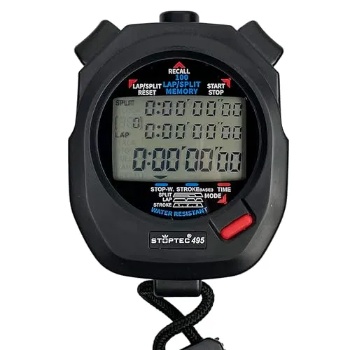 Stoptec Stoppuhr 495 | 3-Zeilen Display | 100 Memory | Schlagzahlmessung | Uhrzeit & Datum | Spritzwasserfest | Einfacher Batteriewechsel