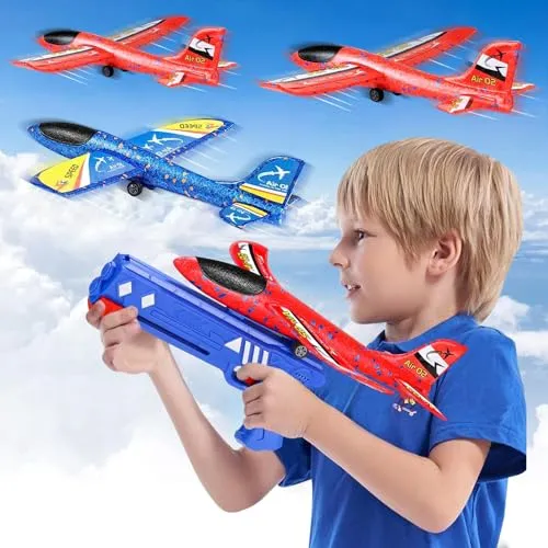 PQETBV Styroporflieger Katapult Pistole für Kinder – 4 Stück Spielzeugflugzeuge - Spaßige Katapult-Pistole mit 4 Schaumstoffflugzeugen für stundenlangen Spielspaß im Freien. Ideal für Kinder ab 3 Jahren, fördert die motorischen Fähigkeiten und sorgt für aufregende Flugabenteuer!