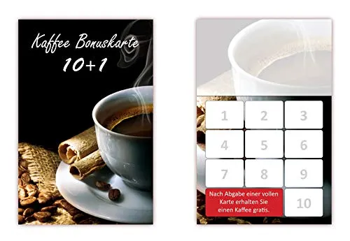 Stück Bonuskarten Kaffee (BOK-414) mit 10 Stempelfeldern Treuekarten möglich für Bereiche wie Café Gastronomie, Restaurant, Gaststätte, Bäcker, Konditor … 500