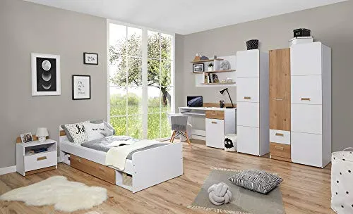 Jugendzimmer-Set TICAA "Lori" - Komplettset in Weiß - Jugendzimmer-Sets mit Bett, Schrank, Schreibtisch und Regalen. Praktisch und stilvoll, ideal für jedes Jugendzimmer. Inklusive Rolllattenrost und Matratze für optimalen Schlafkomfort!