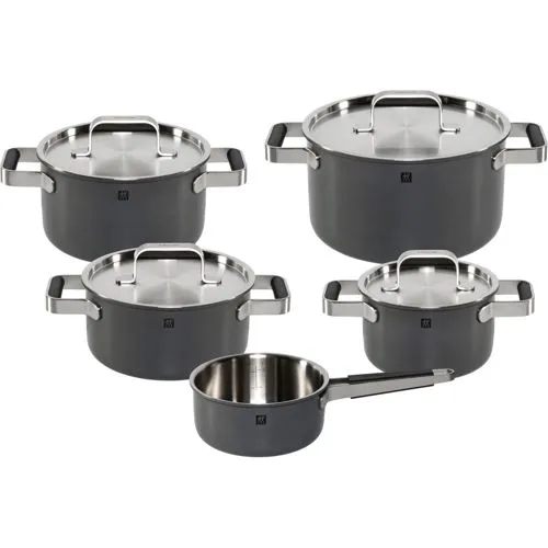 Zwilling 5tlg. Pure Kochgeschirrset Grau - Edelstahl Pfannen- und Topfset - Kochtopfset aus hochwertigem Edelstahl, langlebig und ideal für gesundes Kochen mit gleichmäßiger Wärmeverteilung.