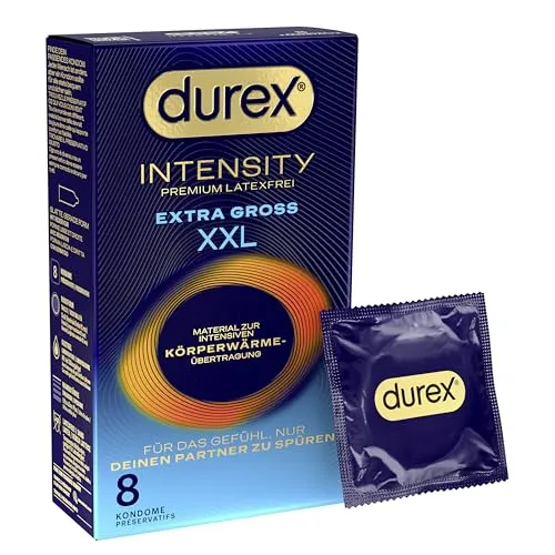 Durex Intensity Extra Groß XXL Kondome - Ultra dünn für intensive Körperwärme - Kondome für Männer, ultra dünn für intensives Gefühl und Körperwärmeübertragung, latexfrei und mit Silikongleitgel befeuchtet, 8er Pack für unvergessliche Momente.