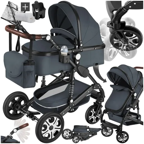 tectake Kombi-Kinderwagen Mats - klappbar und sicher - Kinderwagen mit 5-Punkt-Gurt und Schutzbügel, ideal ab Geburt, praktisch klappbar für unterwegs, Farbe: anthrazit.