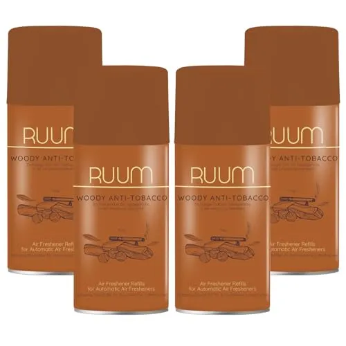 RUUM Lufterfrischer Nachfüller 4er Pack Woody Anti-Tobacco - Duft Nachfüller kompatibel mit Air Wick Freshmatic, Glade Brise - 4x 250 ml Duftspray für Geruchsneutralisierung & Frische