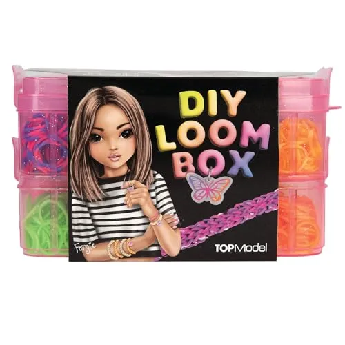 Depesche 14124 TOPModel - DIY Loom Bänder Set, Gummibänder in 6 Neonfarben und 5 gestreiften Varianten, inkl. 20 Haken, Loom-Rahmen, 2 Kunststoffnadeln und 3 Anhängern