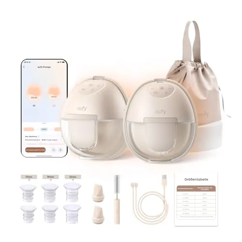 eufy Tragbare Milchpumpe S1 mit Wärmefunktion - Innovative Milchpumpe mit HeatFlow-Technologie für angenehme Wärme und bis zu 30 % mehr Milchmenge. App-gesteuertes Abpumpen für individuelle Anpassungen und diskretes Tragen im BH.