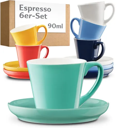 Cosumy Espressotassen Farbig 6er Set mit Untertassen - Stapelbares Design - Tassen- & Untertassensets: 6 bunte Keramiktassen (70ml) mit Untertassen, die den Espresso länger warmhalten. Ideal für Zuhause oder als Geschenk!