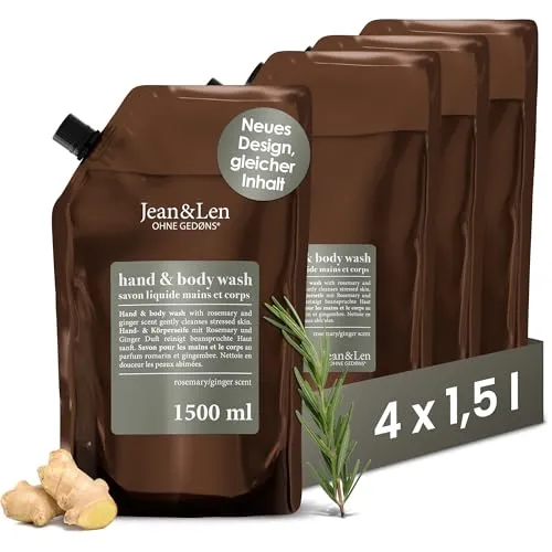 Jean & Len Hand & Body Wash Rosemary und Ginger im Nachfüllbeutel, reinigt und pflegt die Haut, praktisches Set, würzig-frischer Duft, Flüssigseife im Nachfüllpack, ohne Silikone & Parabene, 4 x 1,5L