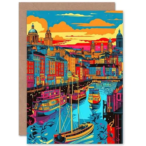 Artery8 Vibrant Liverpool City Waterfront Sunset Cityscape Travel Birthday Sealed Greeting Card Plus Envelope Blank inside