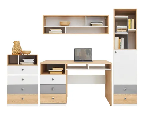 Deine Möbel 24 Jugendzimmer-Set POKO 1 (4-tlg.) – Schreibtisch, Regal, Kommode & Hängeregal in Biskuiteiche/Weiß Lux/Grau - Das POKO Jugendzimmer-Set vereint modernes Design und praktischen Stauraum. Ideal für kreative Lösungen und individuelle Gestaltung im Jugendzimmer. Hochwertige Verarbeitung und viel Platz für persönliche Gegenstände.