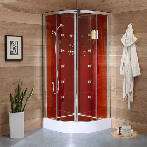 Viertelkreisförmige Fertigdusche mit Hydromassage 90 x 90 cm | Cosmo - Transparent - Elegante Duschkabine mit Hydromassage und modernem Design. Aus 5mm Sicherheitsglas und chromfarbenem Aluminium gefertigt, bietet sie Komfort und Stil für Ihr Badezimmer.