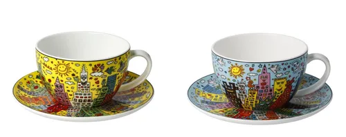 2er Set James Rizzi  Pop Art Tassen mit Untertasse 250ml blau + gelb Goebel