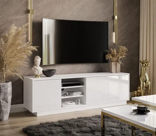 SANAYI RTV Schrank mit Ablagen – Weiß glänzend - Eleganter RTV Schrank mit modernem Design und flexibler Nutzung: Wählen Sie zwischen geschlossenen Türen oder sichtbaren Ablagen. Hochwertige Verarbeitung für ein stilvolles Wohnzimmer.