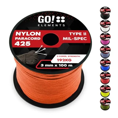 Paracord 425 Typ II - 3mm Nylonseil, 192 kg Tragkraft - Robustes 3mm Paracord mit 192 kg Bruchlast, ideal für Outdoor-Aktivitäten. Auf praktischer Spule für einfache Handhabung, langlebig und witterungsbeständig - perfekt für Camping, Survival und mehr!