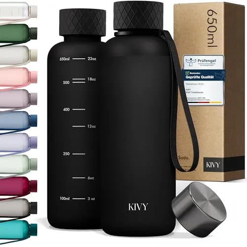 KIVY Trinkflasche 650ml [BPA FREI] Auslaufsicher & Spülmaschinenfest - Wasserflasche für Kinder & Erwachsene - Water Bottle Small - Trinkflasche Schwarz - Tritan Flasche für Kohlensäure geeignet