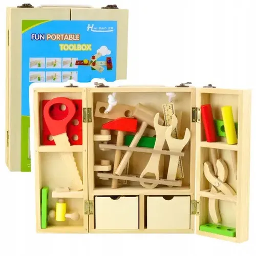 Zestaw Małego Majsterkowicza - Dre wooden Tool Box mit Werkzeugen - Ideales Spielzeug für kleine Handwerker, inklusive hochwertiger Werkzeuge in einer praktischen Holzbox, fördert Kreativität und Geschicklichkeit.