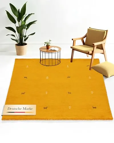 carpetfine Wollteppich Gabbeh Uni Quadratisch Gelb 150x150 cm - Teppiche – Hochwertiger Wollteppich in modernem Design, ideal für Wohn- und Schlafzimmer, pflegeleicht und strapazierfähig, auch für Fußbodenheizung geeignet.