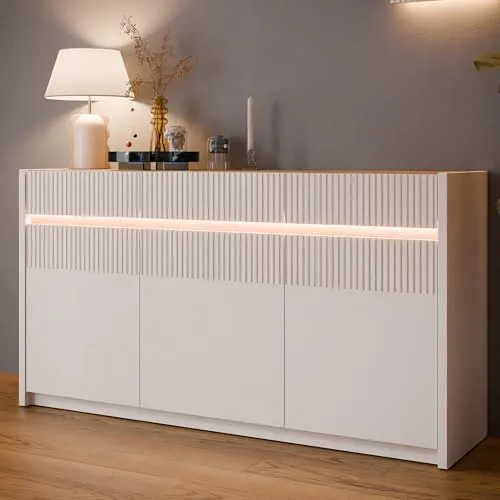 Forte Oak SQUERE Sideboard 160 - Elegantes Sideboard mit modernem Lamellendesign und integrierter Beleuchtung. Ideal für stilvolle Wohnräume und einfache Montage. Robuste Qualität für langlebige Schönheit und praktische Nutzung.
