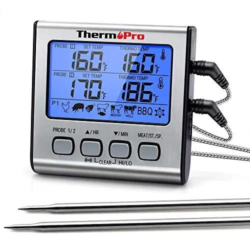 ThermoPro TP17 Digitales Grill-Thermometer - Bratenthermometer mit zwei Edelstahlsonden, ideal für präzise Temperaturmessung bis 300°C und blau beleuchtetem Display für einfaches Ablesen bei Nacht.