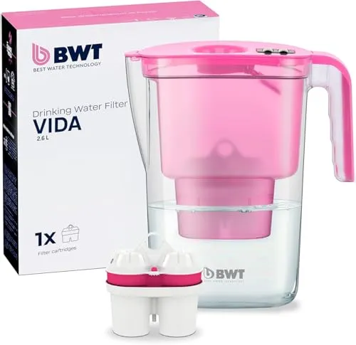 BWT Vida MEI Pink 2,6l Filterkanne - Praktische Filterkanne mit 2,6 l Gesamtvolumen und 1,4 l gefiltertem Wasser. Mit Filterwechselindikator und spülmaschinengeeignet. Ideal für verbesserten Geschmack und reine Frische in jedem Schluck.