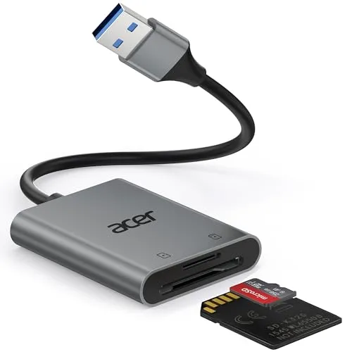 acer USB 3.0 Kartenleser mit Kabel – Schneller SD & Micro SD Reader - Erleben Sie blitzschnelle Datenübertragung mit bis zu 5 Gbps. Der acer USB 3.0 Kartenleser ermöglicht das gleichzeitige Lesen von zwei Karten und überzeugt durch sein robustes Aluminiumdesign.