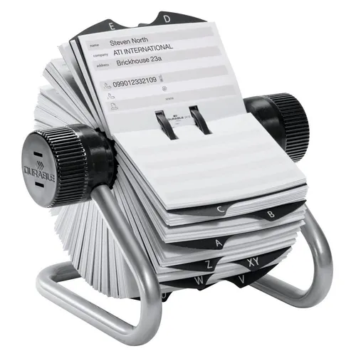 DURABLE Telefon-Adress-Rollkartei Telindex silber - Visitenkarten-Aufbewahrung für 500 Adress- und Telefonkarten, inklusive 25-tlg. Register A-Z für eine übersichtliche und einfache Organisation.