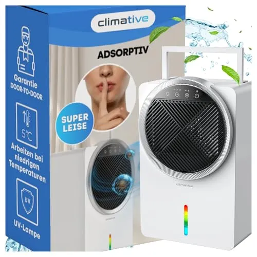 Climative Adsorptions Luftentfeuchter elektrisch DH-250 Adso UV 2,5L – leise Entfeuchter ohne Kompressor UV Lampe, HEPA Filter Option, LED Timer für Keller, Badezimmer, Schlafzimmer, Haus, Weiß