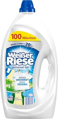 Henkel AG & Co. KGaA Weißer Riese Universal Gel Vollwaschmittel, 100 WL - Reinigungsmittel für strahlend saubere Kleidung, mit Kalt-Aktiv Formel für effektive Reinigung bei niedrigen Temperaturen.