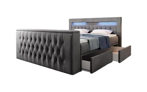 Luxusbetten24 Boxspringbett Menzogna 180x200 Doppelbett Polsterbett Bett mit TV Lift, USB und Stauraum (2 Schubladen) | Bezug: Samt | Farbe: Grau | Härtegrad: H4 (100kg+)