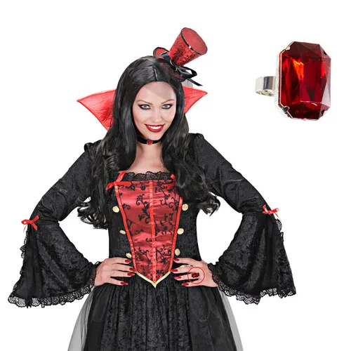 NET TOYS Gothic Ring mit rotem Stein Vampir Schmuck König Fingerring Halloween Schmuckstein Fingerschmuck Karneval Accessoires