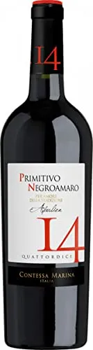 Primitivo Negroamaro Puglia IGT 14 Contessa Marina - Halbtrockener Rotwein aus Apulien - Entdecken Sie den Primitivo Negroamaro Puglia IGT 14, einen halbtrockenen Rotwein mit intensivem Geschmack, ideal zu dunklem Fleisch und Risotto. Ausgezeichnet mit 89,6 Punkten bei AWC Vienna.