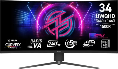 MSI MPG 346CQRF X24 Monitor - 34 Zoll gebogener Gaming-Monitor mit UWQHD-Auflösung, 240 Hz Bildwiederholrate und Adaptive-Sync-Technologie für ein immersives Spielerlebnis und flüssige Bewegungen.