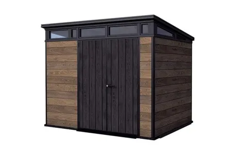 Keter Kunststoff Gerätehaus Signature Walnuss 9x7 - Gartenhäuser mit Fußboden, robustes und witterungsbeständiges Design in Holzoptik für optimale Lagerung im Garten.