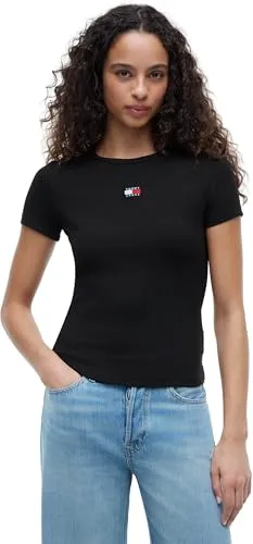 Tommy Hilfiger Damen Tjw Slim Badge Rib Tee T-Shirt, Schwarz, Größe M - Stylisches T-Shirt aus 95% Baumwolle, perfekt für den Alltag. Das Slim-Fit Design bietet eine moderne Passform und sorgt für hohen Tragekomfort.