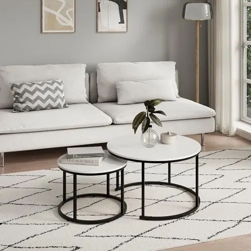 Modernes Couchtisch 2er Set aus Holz mit Metallgestell - Satztische fürs Wohnzimmer - Die modernen Tische sind platzsparend ineinander schiebbar und bieten hohe Stabilität für vielseitige Nutzung im Loft-Design.
