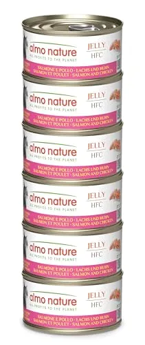 Almo Nature HFC Jelly - Nassfutter für ausgewachsene Katzen - Lachs & Huhn - Human Grade, Glutenfrei - 6 x 70g