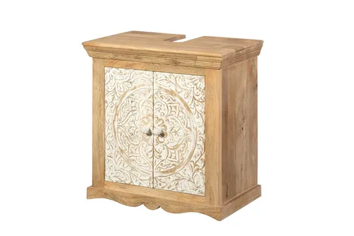 Main Möbel Waschbeckenunterschrank 'Tibet' 65x68cm aus Mango natur & weiß antik - Waschbeckenunterschrank 'Tibet' aus nachhaltigem Mangoholz, bietet großzügigen Stauraum und beeindruckt mit kunstvollen Mandala-Motiven für ein stilvolles Badezimmer.