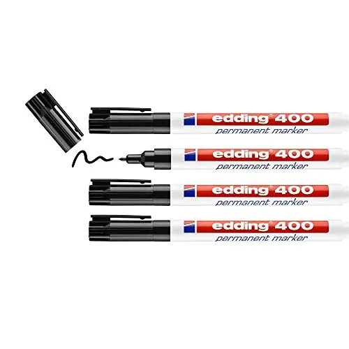 edding 400 Permanentmarker - schwarz - 4 Stifte - feine Rundspitze 1 mm - wasserfest, schnell-trocknend - wischfest - für Karton, Kunststoff, Holz, Metall, Glas