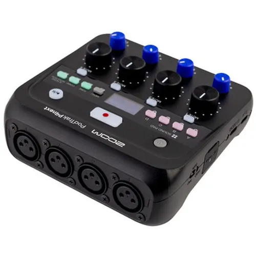 Zoom PodTrak P4next Podcasting Recorder - Mobile Recorder mit 4 Mikrofoneingängen, individueller Phantomspeisung und integrierten Effekten. Ideal für unterwegs, kompakt und leicht mit einfacher Bedienung über OLED-Display.