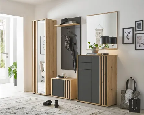 HBZ Garderoben-Set VOLANO, (Komplett-Set, Garderobenschrank + Paneel + Bank + Spiegel + Schuhkommode), inkl. Spiegeltür